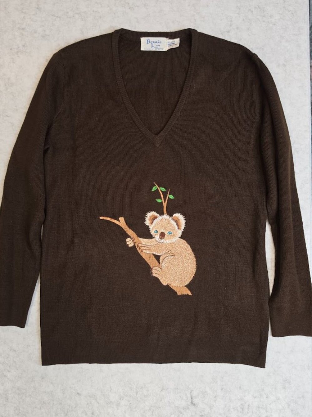 EUC Vintage 70s Bonnie Lee For LeRoy Women's Koala V-Neck Sweater Brown Size 38